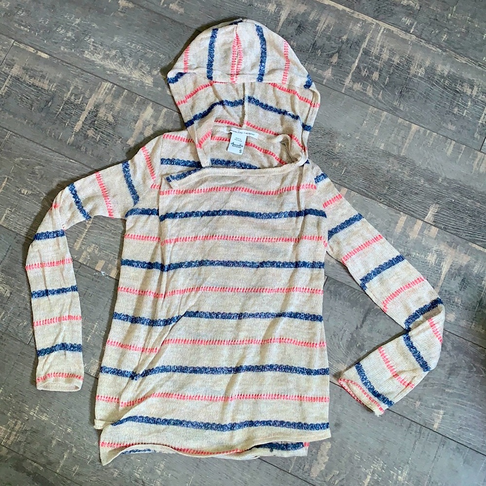Striped Hooded Women's Sweater - Cream with Blue & Pink Stripes